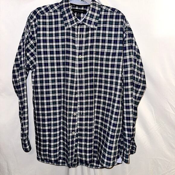 Tommy Hilfiger Button Down Shirt Size Medium Green Blue Checkered Long Sleeve - Picture 1 of 9